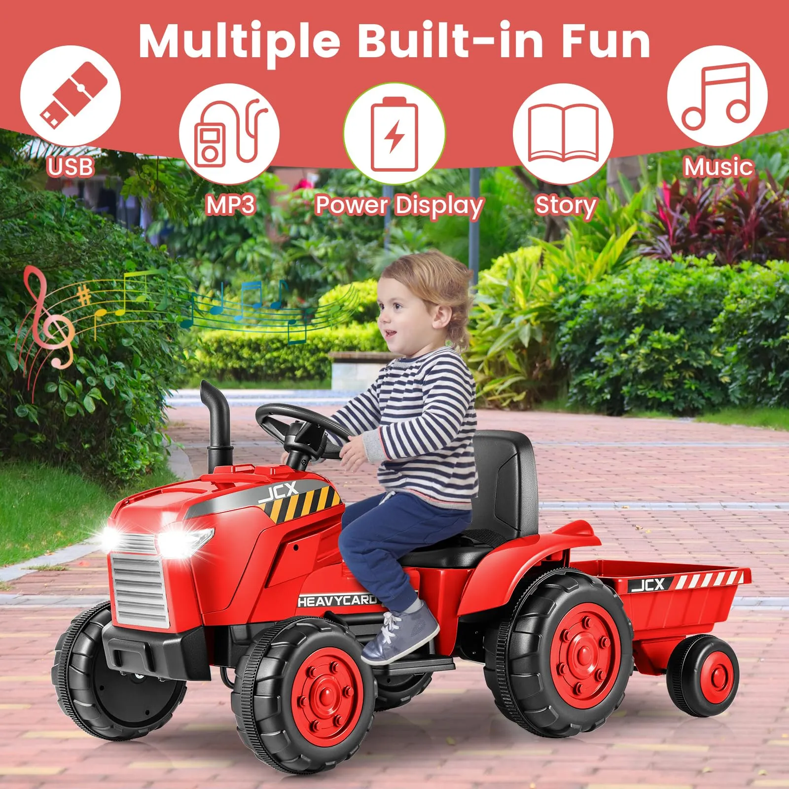 INFANS 12V Kids Ride on Tractor, Battery Powered Motorized Electric Car with Trailer, Dual Motors, Toddler Vehicle Toys