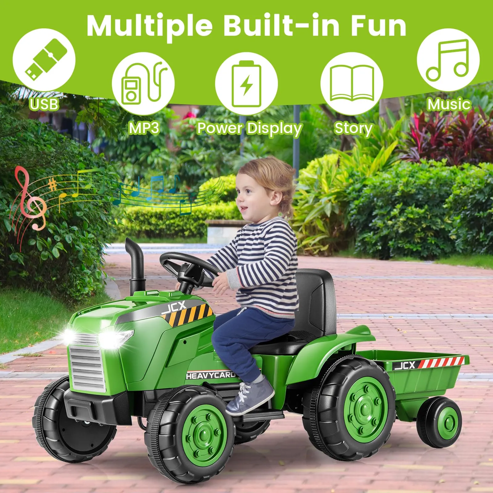 INFANS 12V Kids Ride on Tractor, Battery Powered Motorized Electric Car with Trailer, Dual Motors, Toddler Vehicle Toys