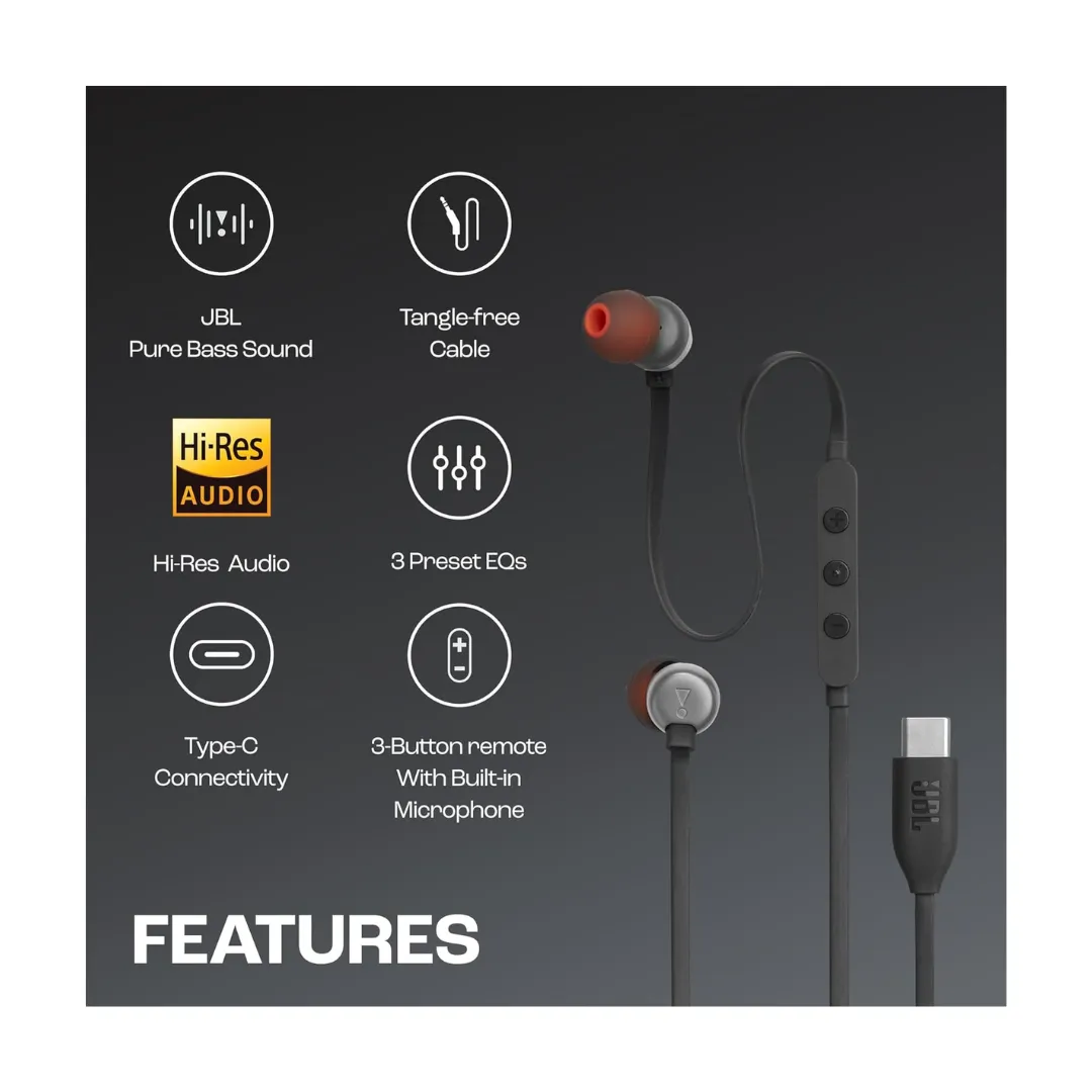 JBL Tune 310 Wired in-Ear Type C Headphones, Hi-Res Audio with Digital-to-Analog Converter, 3-Button EQ Preset Remote with Microphone, Tangle-Free Flat Cable, Compatible with USB-C Devices