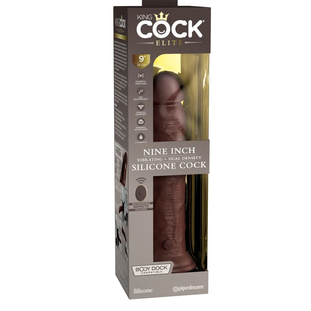 King Cock Elite 9" Vibrating Silicone Dual Density Dildo with Remote  - Chocolate