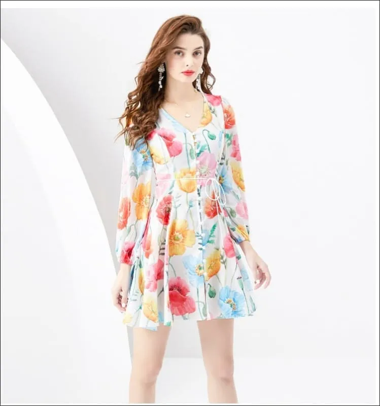 Ladies Floral Print Mini Swing v Neck Dress for Every Occasion