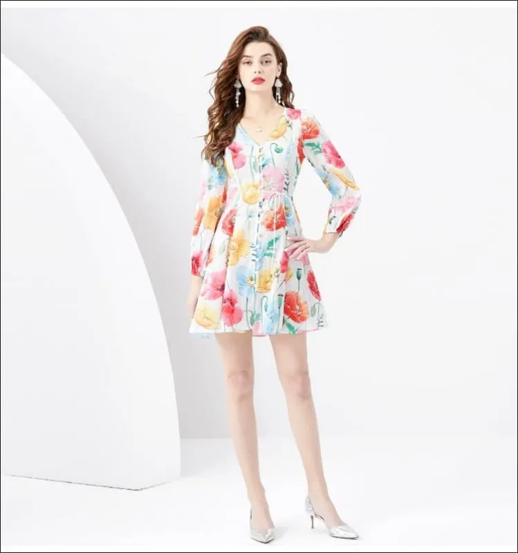 Ladies Floral Print Mini Swing v Neck Dress for Every Occasion