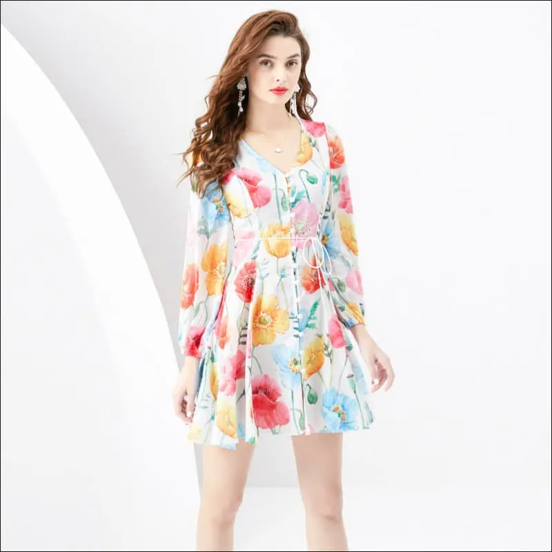 Ladies Floral Print Mini Swing v Neck Dress for Every Occasion