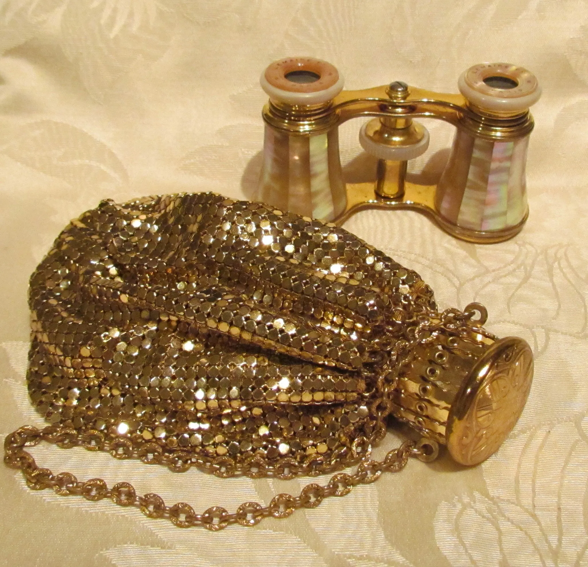 LeMaire Fi Mother Of Pearl Opera Glasses 1890s Paris Theater Glasses 1920s Gold Mesh Gate Top Purse