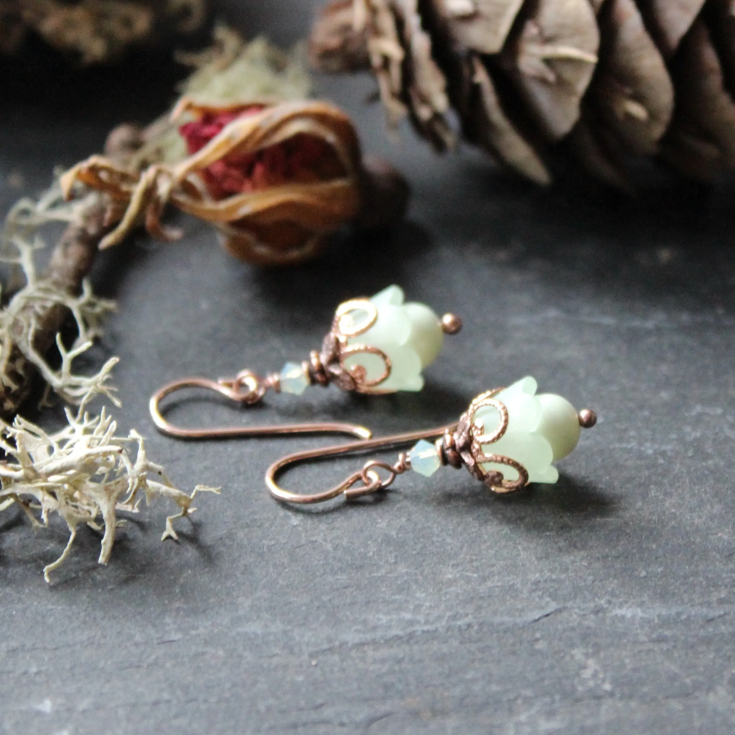 Lichen Green Fairy Flower Earrings with Rose Gold Accents