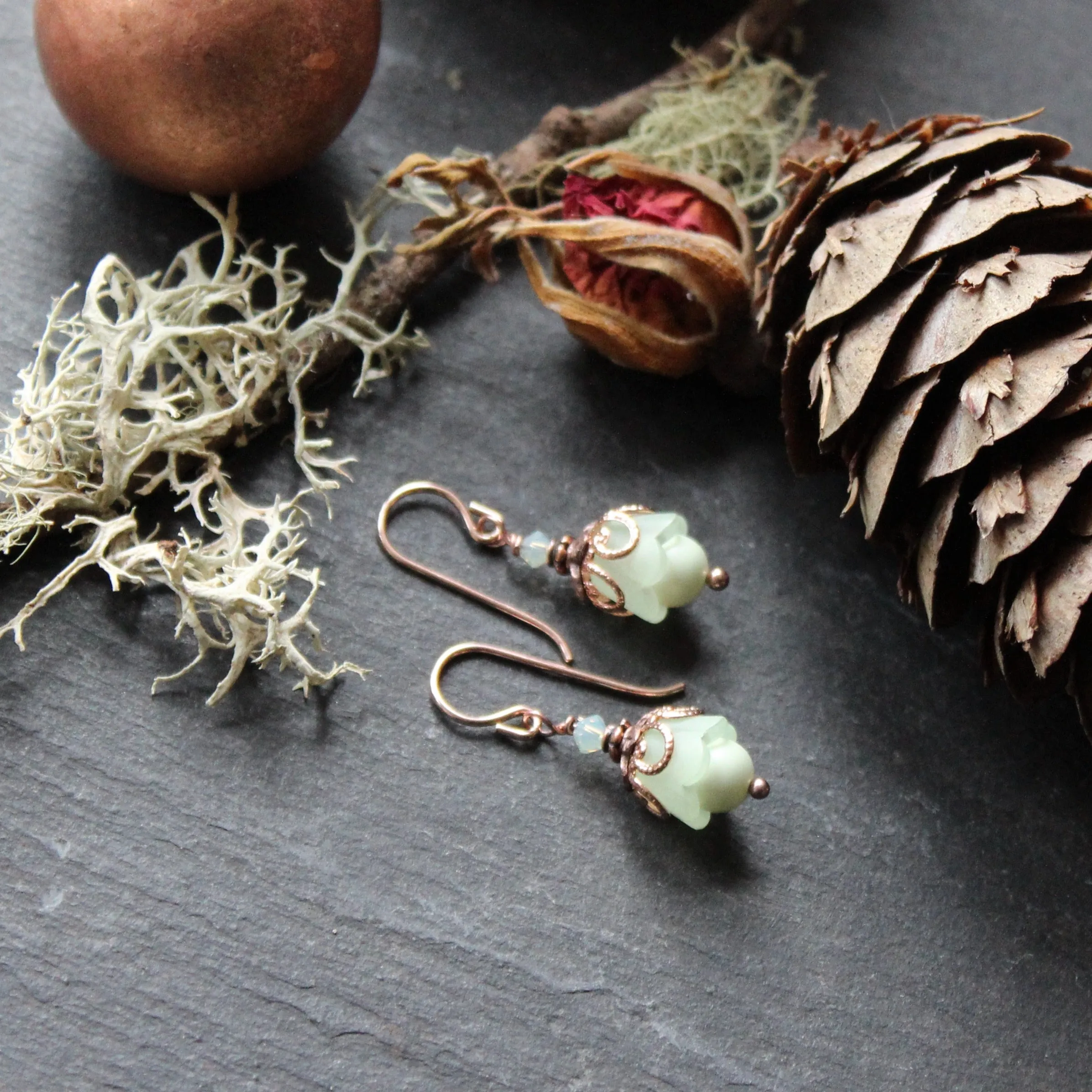 Lichen Green Fairy Flower Earrings with Rose Gold Accents