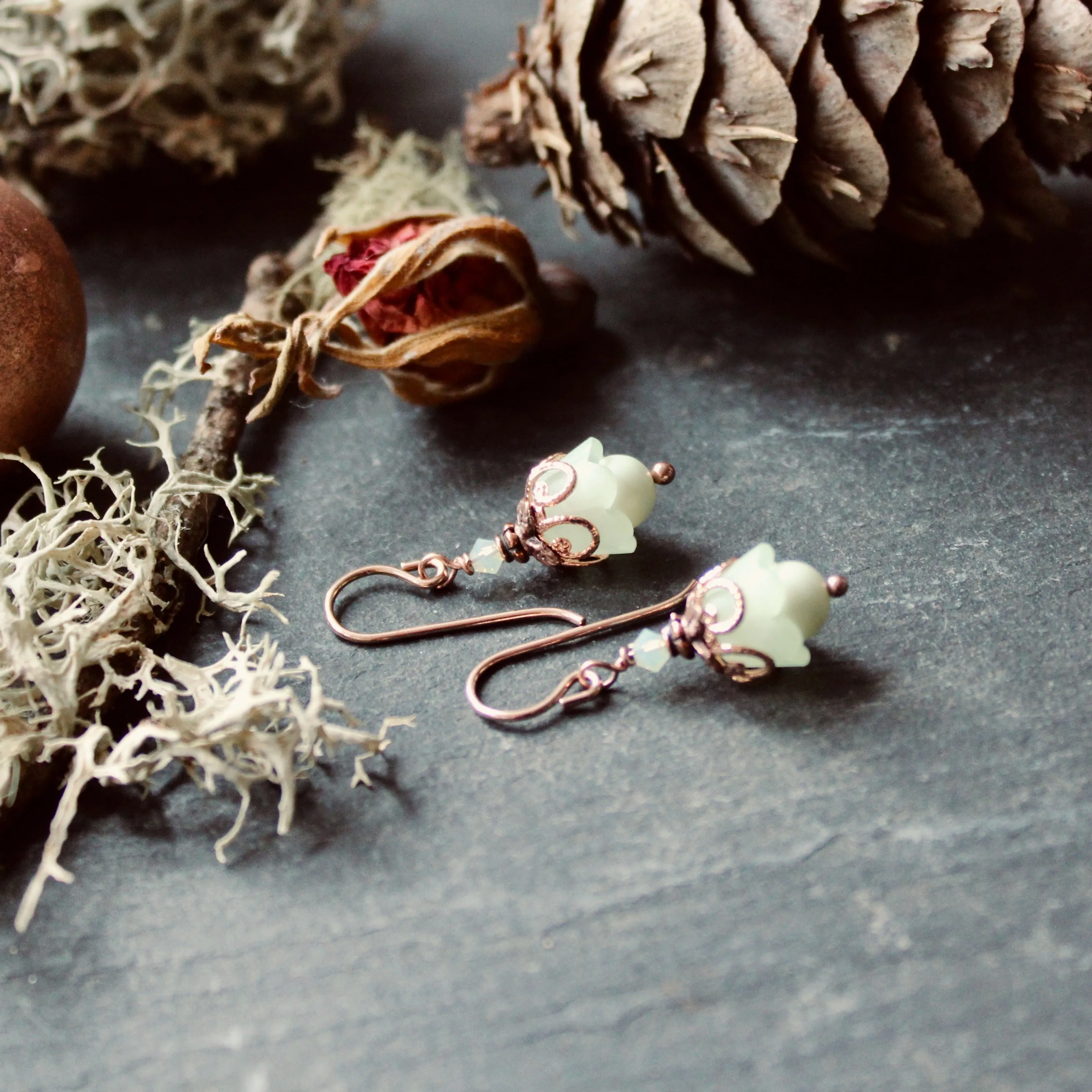 Lichen Green Fairy Flower Earrings with Rose Gold Accents