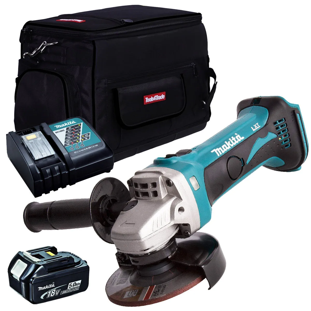 Makita DGA452Z 18V 115mm Angle Grinder with 1 x 5.0Ah Battery Charger & Tool Bag