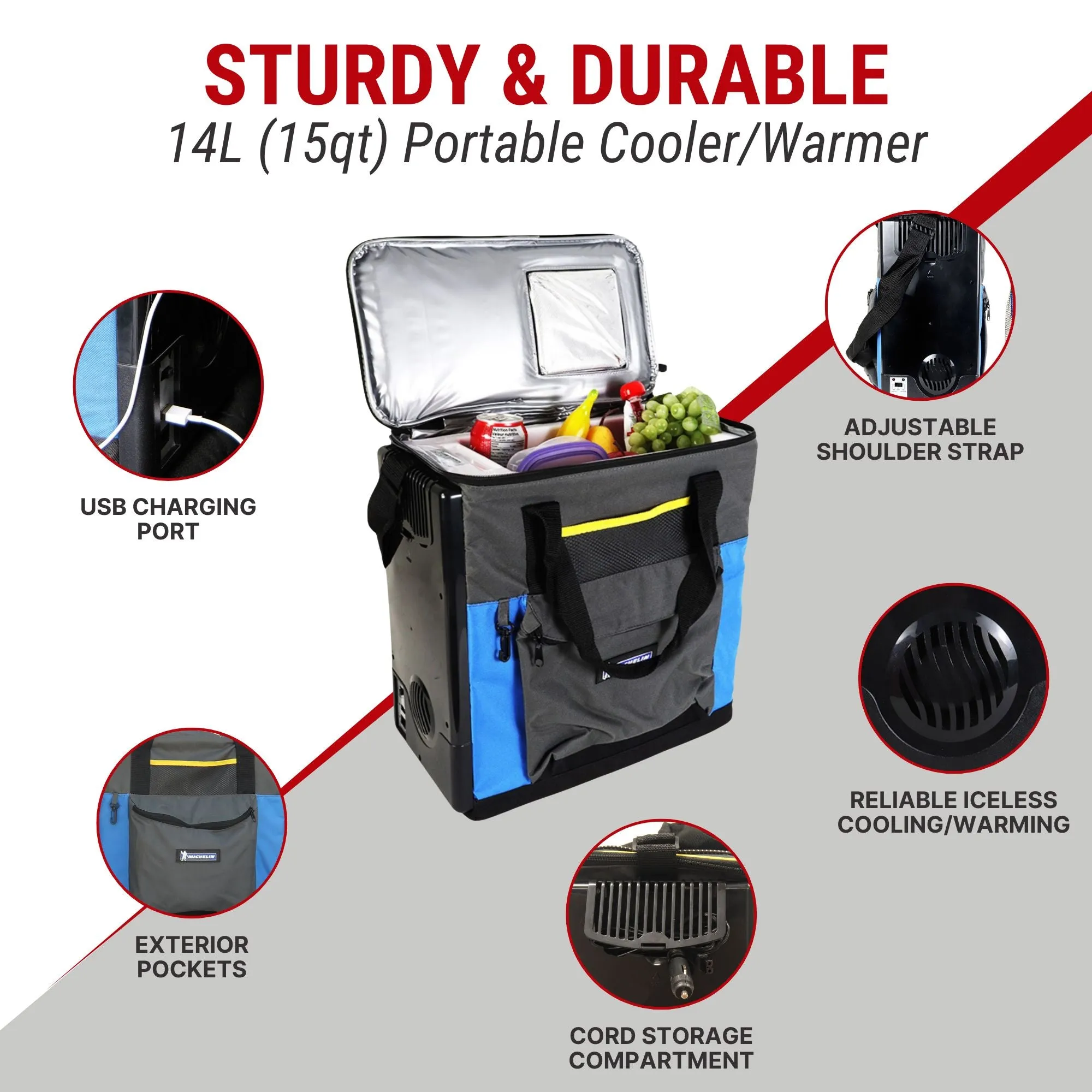 Michelin 12V Electric Cooler/Warmer, 14L (15qt) Thermoelectric Lunch Box, Adjustable Strap, 12 Volt DC Connection, Plug In Iceless Portable Car Fridge, Picnic Work Travel Vehicle Truck RV, Blue/Black