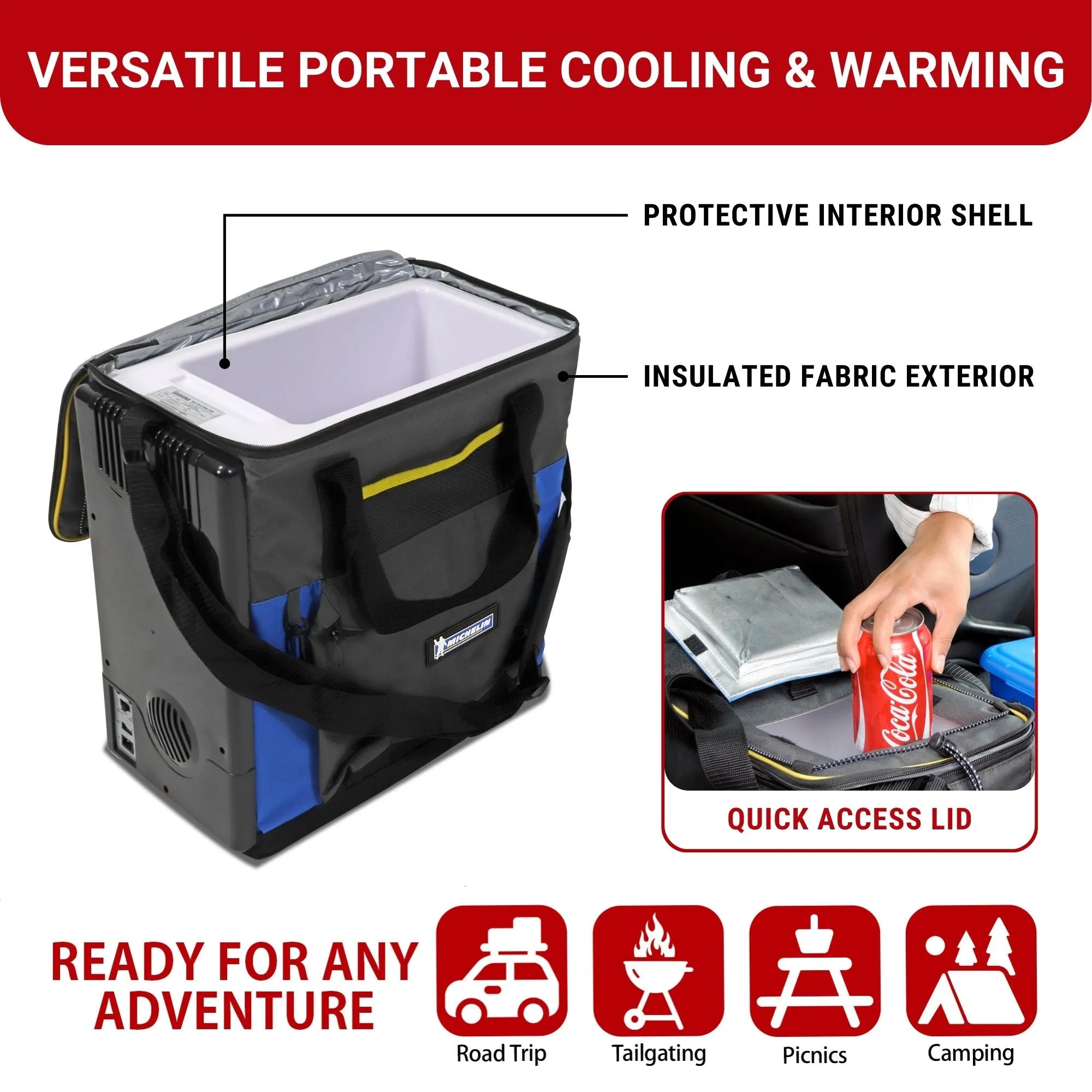 Michelin 12V Electric Cooler/Warmer, 14L (15qt) Thermoelectric Lunch Box, Adjustable Strap, 12 Volt DC Connection, Plug In Iceless Portable Car Fridge, Picnic Work Travel Vehicle Truck RV, Blue/Black