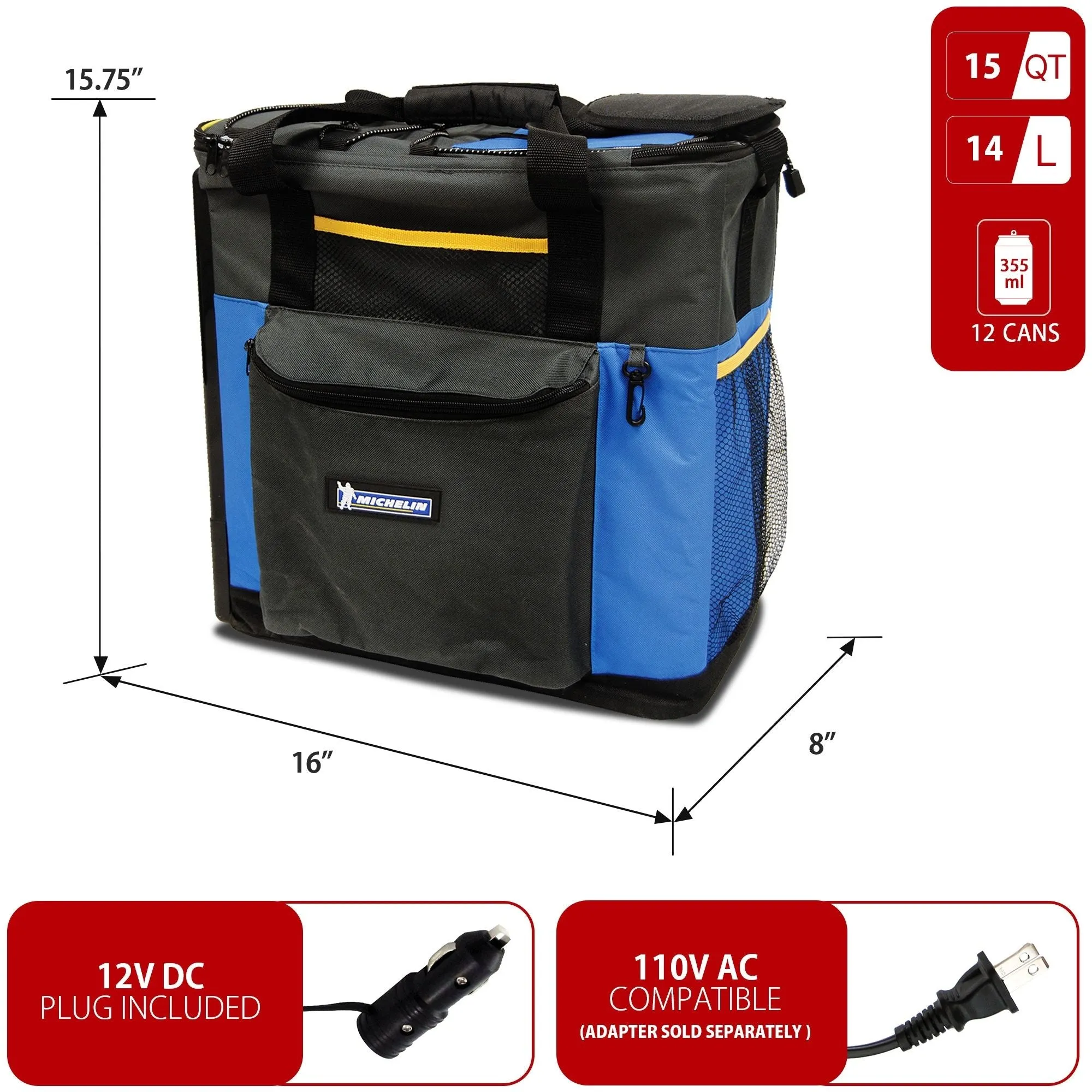 Michelin 12V Electric Cooler/Warmer, 14L (15qt) Thermoelectric Lunch Box, Adjustable Strap, 12 Volt DC Connection, Plug In Iceless Portable Car Fridge, Picnic Work Travel Vehicle Truck RV, Blue/Black