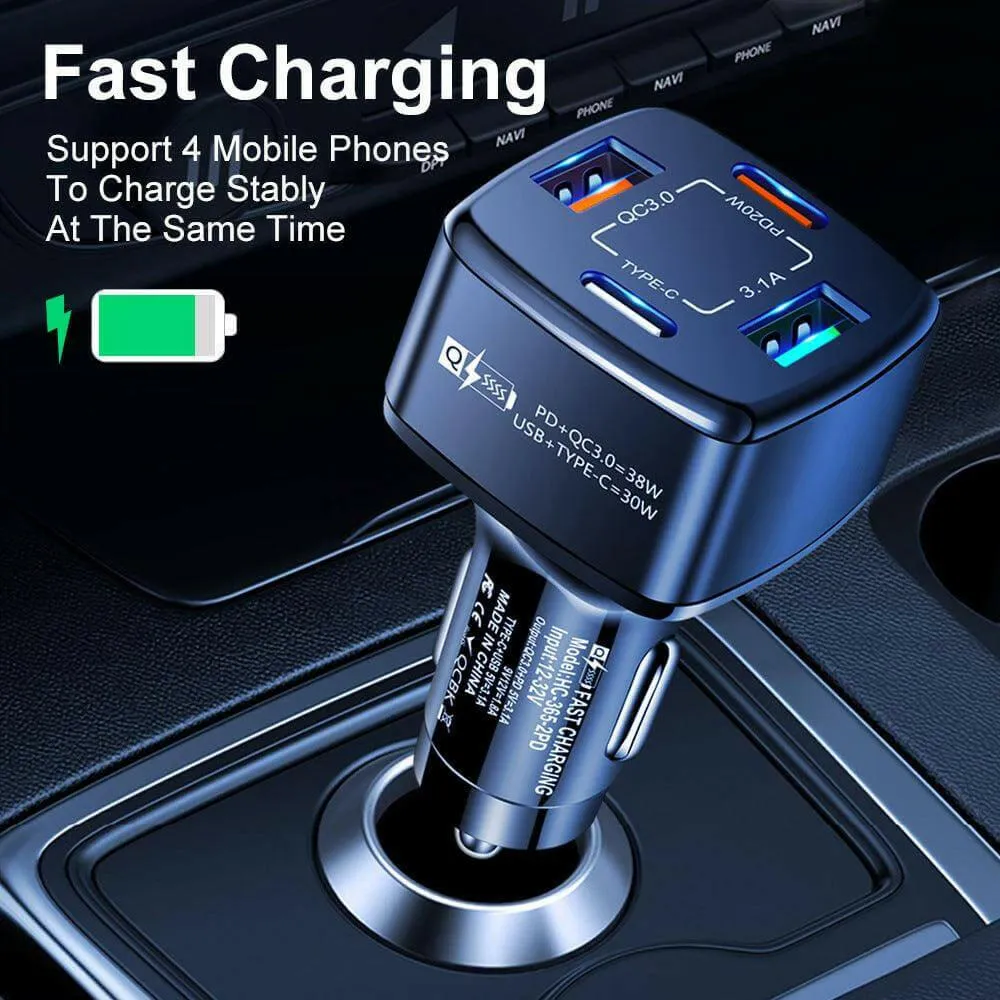 PBG Black PD 4-Port Fast Car Charger with 10FT Zebra Style Wire iPhone