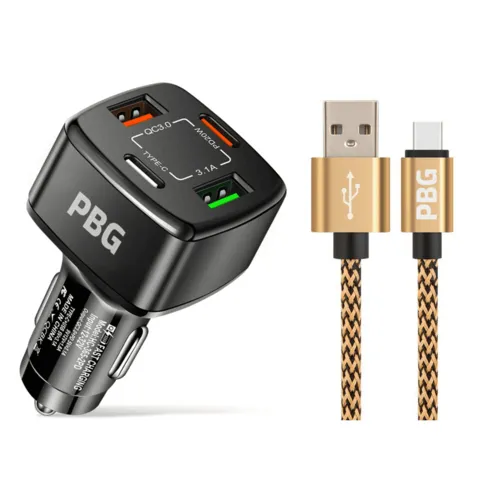 PBG Black PD 4-Port Fast Car Charger with 10FT Zebra Style Wire iPhone