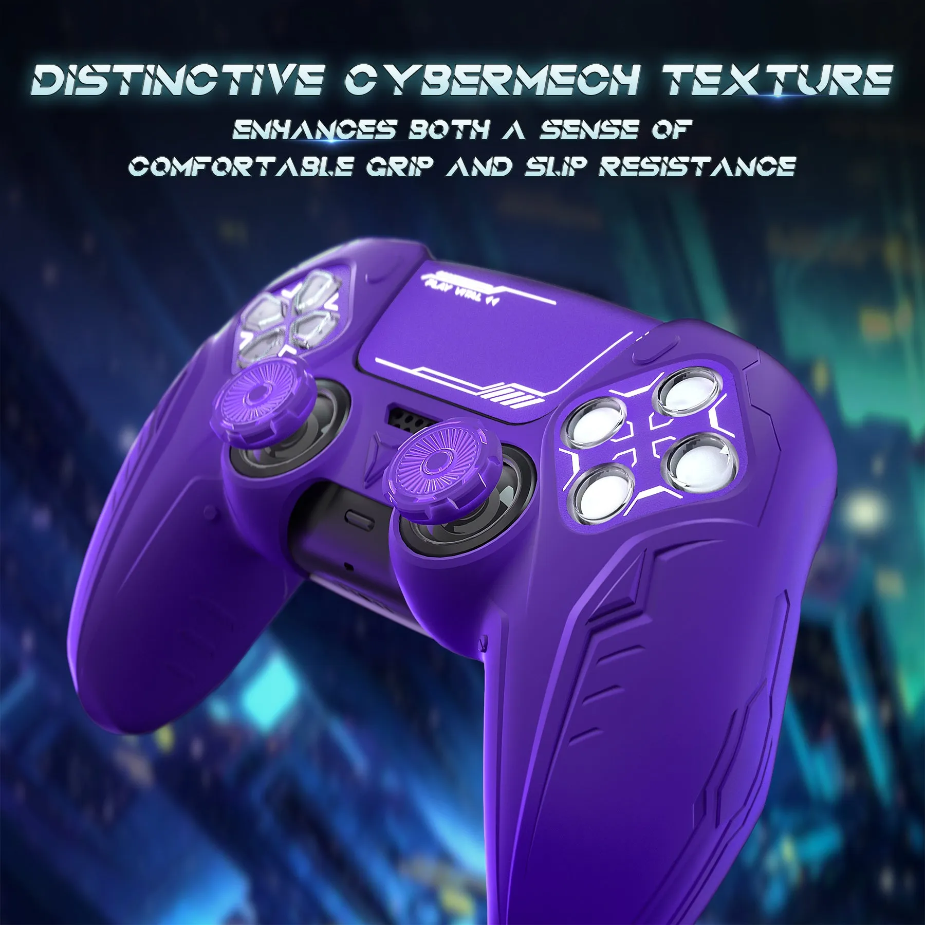 PlayVital 2 Set Futuristic CyberMech Design Silicone Case with Thumb Grips for PS5 Wireless Controller, Compatible with PS5 Official Charging Dock - Purple - CHXPFP010