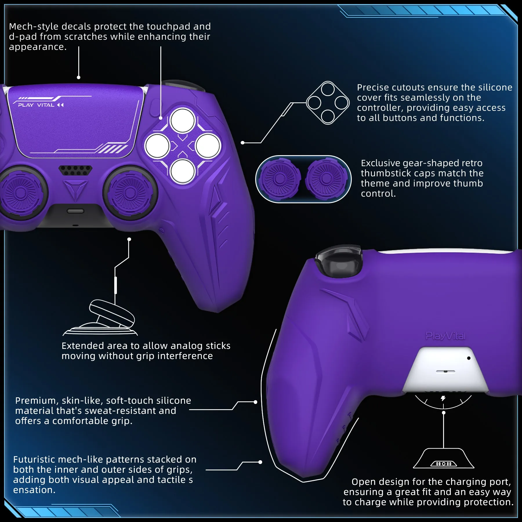 PlayVital 2 Set Futuristic CyberMech Design Silicone Case with Thumb Grips for PS5 Wireless Controller, Compatible with PS5 Official Charging Dock - Purple - CHXPFP010