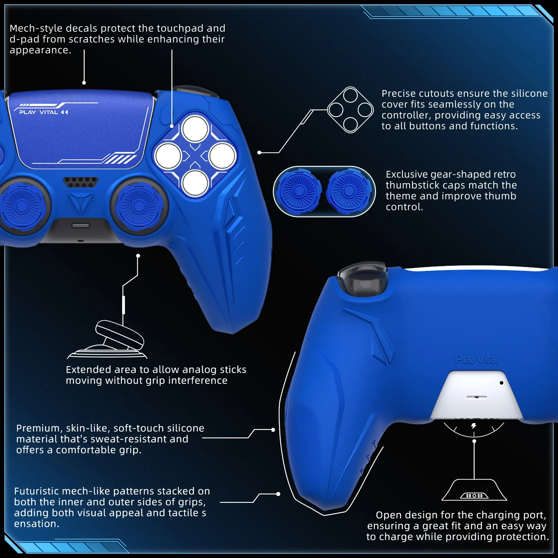 PlayVital Futuristic CyberMech Design Silicone Grip Skin with Thumb Grips for PS5 Wireless Controller, Compatible with PS5 Official Charging Dock - Blue - CHXPFP003