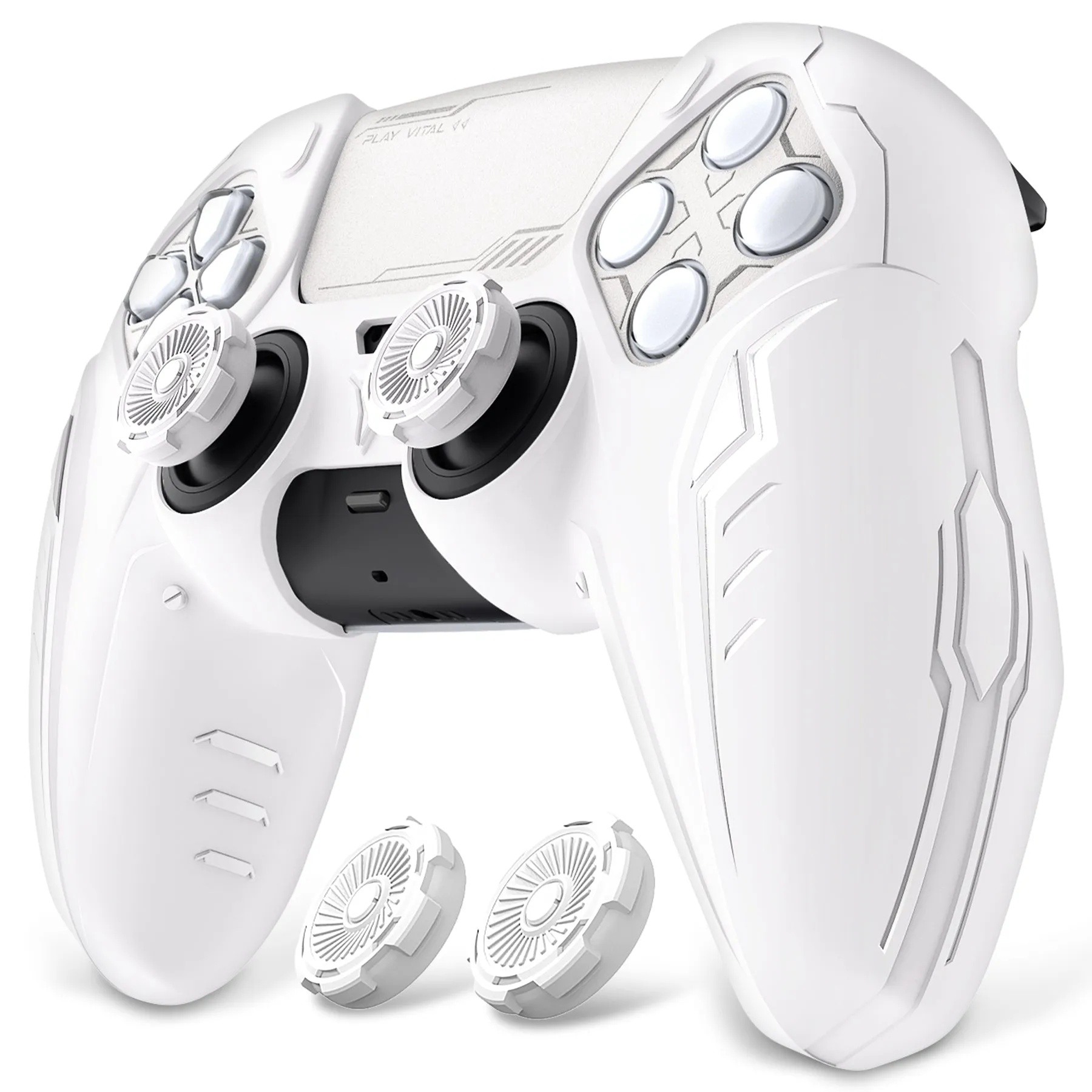 PlayVital Futuristic CyberMech Design Silicone Grip Skin with Thumb Grips for PS5 Wireless Controller, Compatible with PS5 Official Charging Dock - White - CHXPFP002