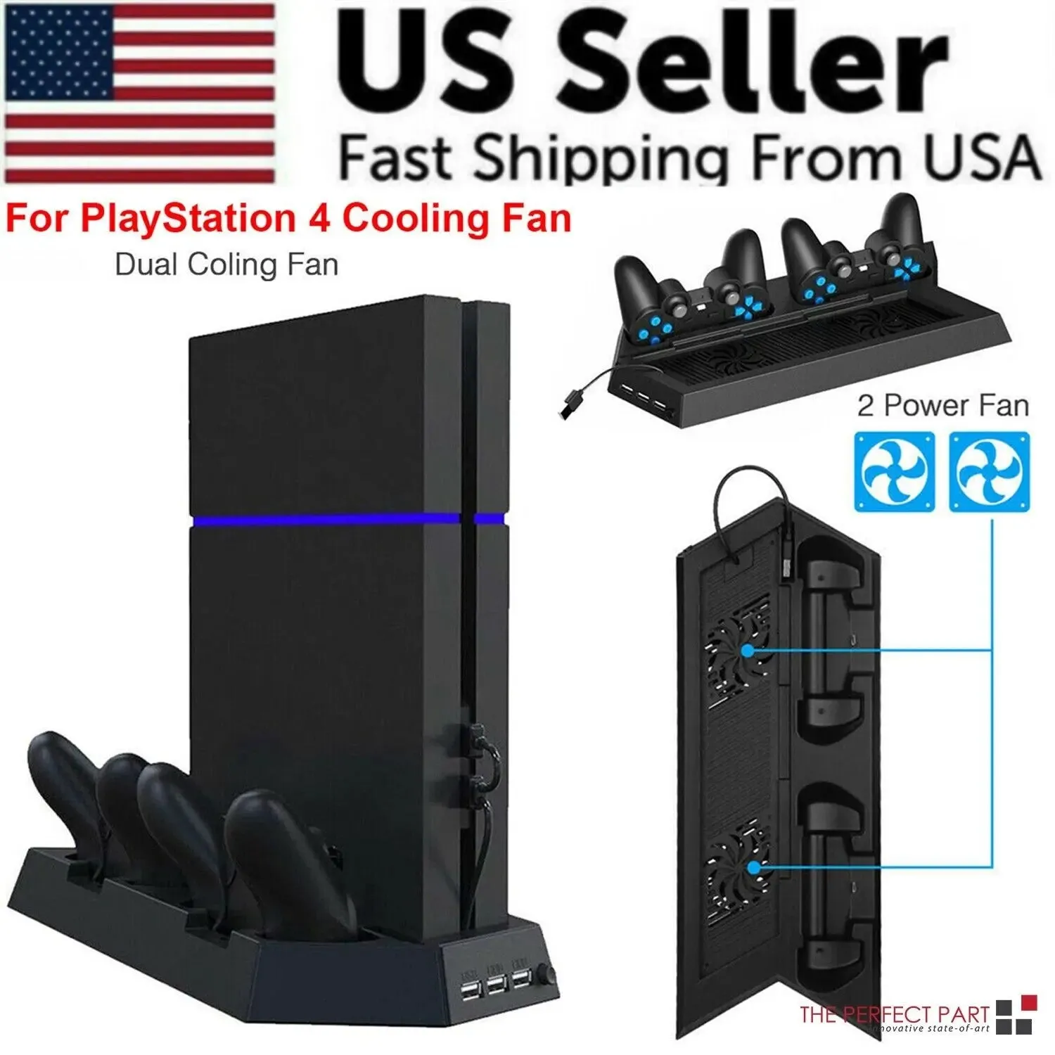 PS4 Cooling Station Vertical Stand 2 Controller Charging Dock For