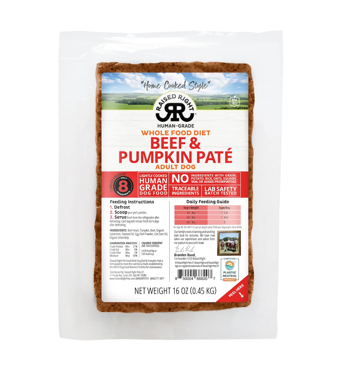 Raised Right Frozen Beef & Pumpkin Adult Dog Recipe 16oz