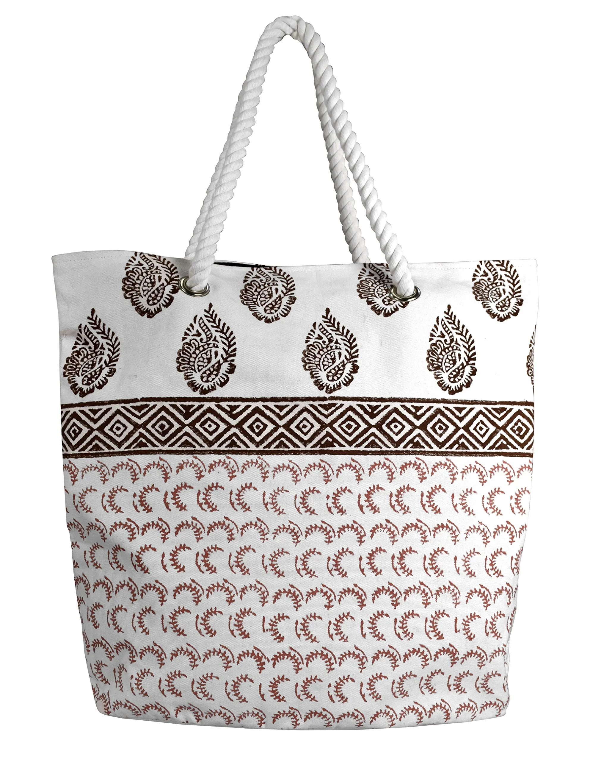 Rope Accent Handle Cotton Canvas Tote Bag Handbags Shoulder Bags