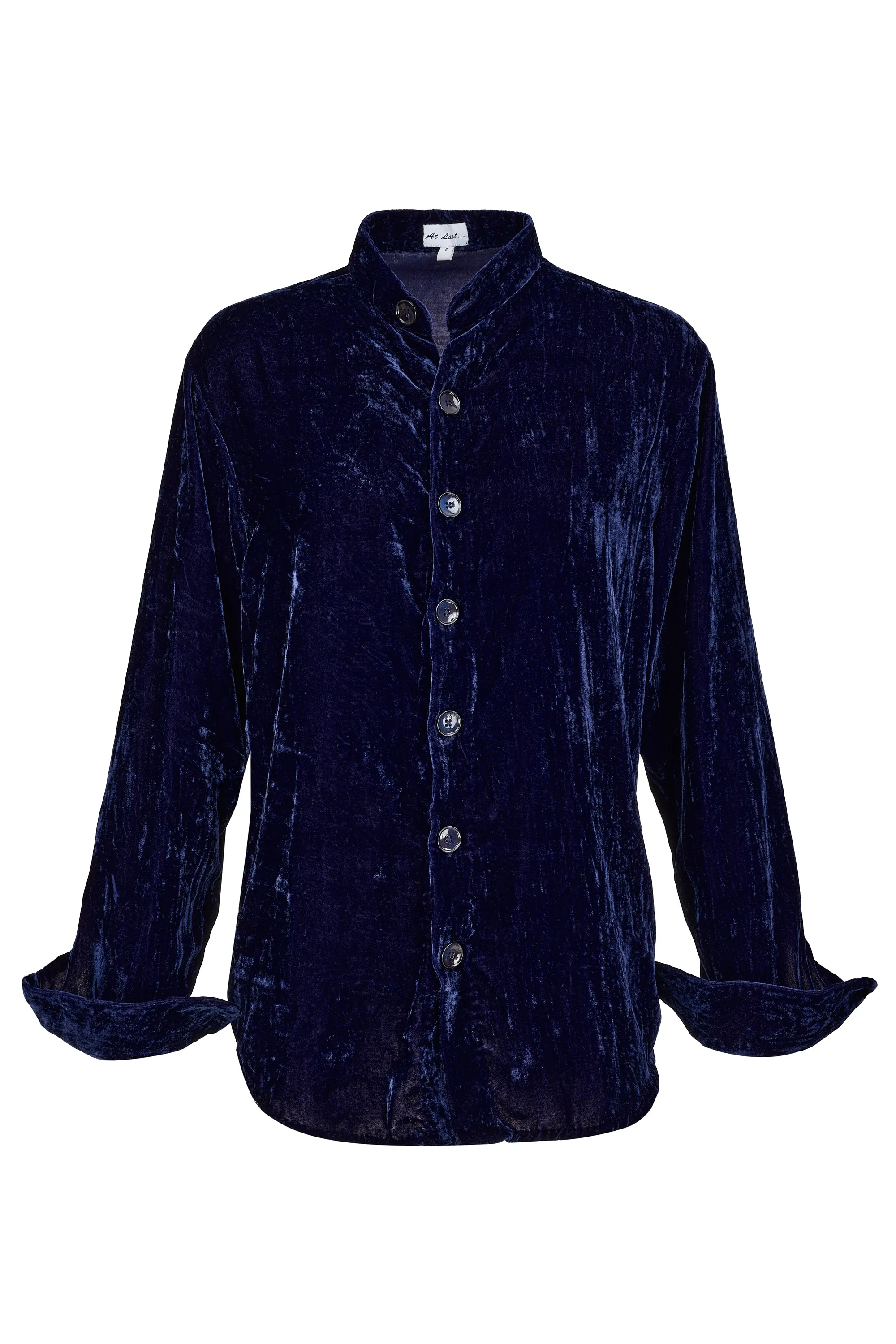 Silk Velvet Men's Shirt in Navy with Mandarin Collar