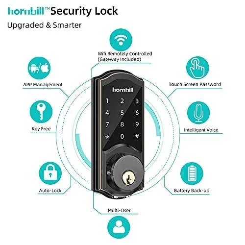 Smart Deadbolt,hornbill Door Locks with Keypads,Include Wi-Fi Bridge,Work with Alexa&Google Home,Free APP, Code,Bluetooth Keyless Entry Door Lock ,Smart Locks Front Door for Home Office Airbnb,Black