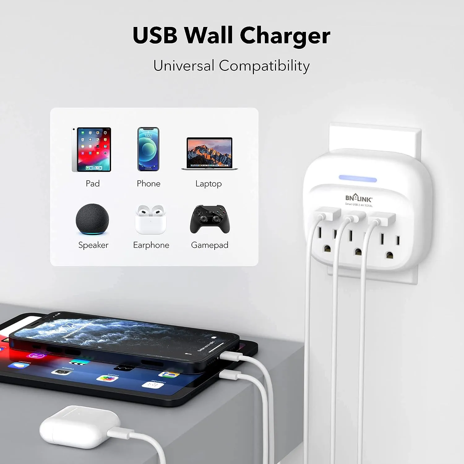 Surge Protector Multi Wall Plug Outlet Splitter Extender 3 Outlets with USB C BN-LINK