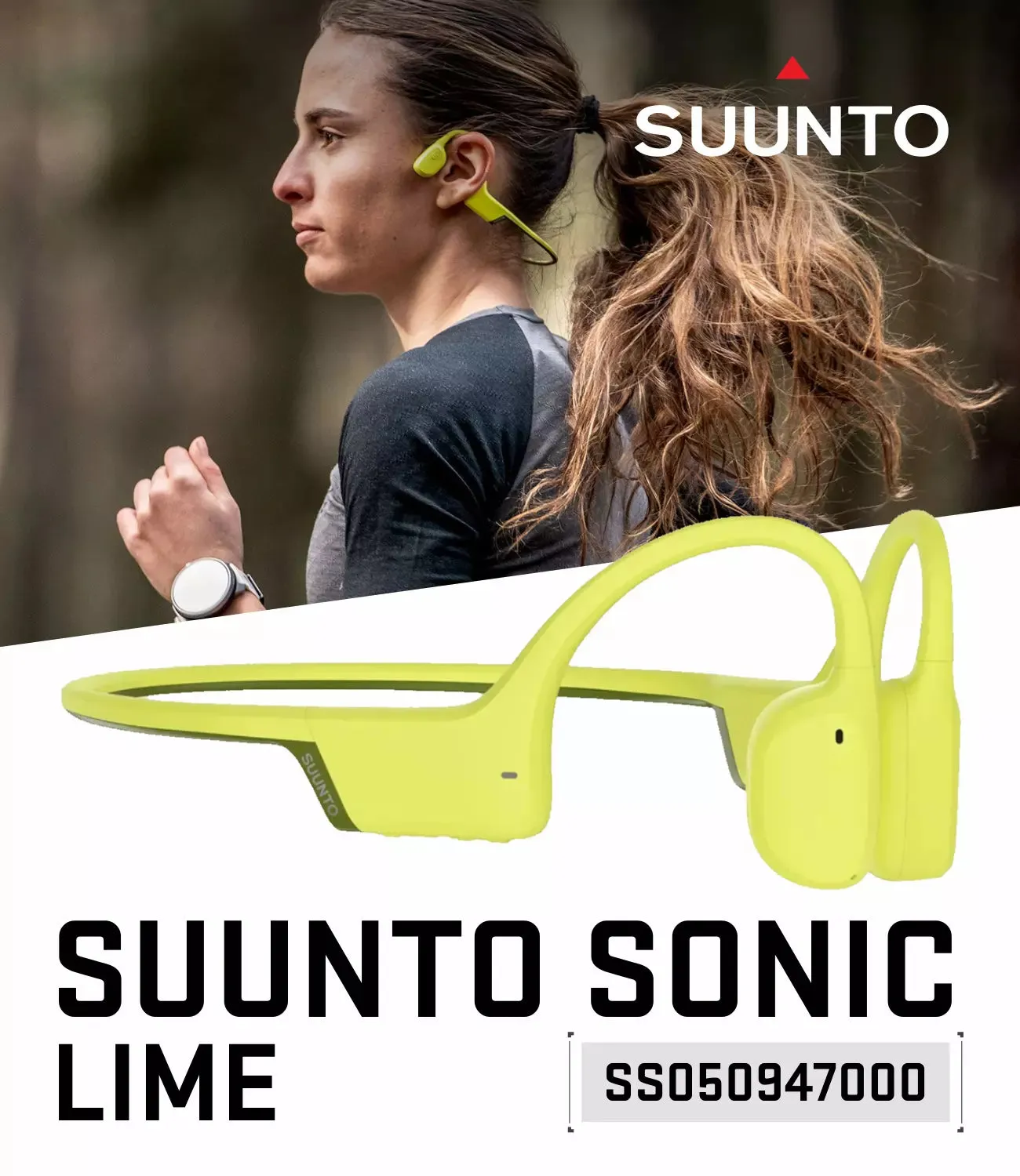 Suunto Sonic Open-Ear Bone Conduction Sports Headphone, Lime, Bluetooth Wireless Headset w/Enhanced Bass & Multipoint Connection, 10H Playtime w/Fast Charging