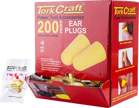 TORK CRAFT EAR PLUG 200PC BULLET SHAPE SNR33 YELLOW PER BOX TCEP1000