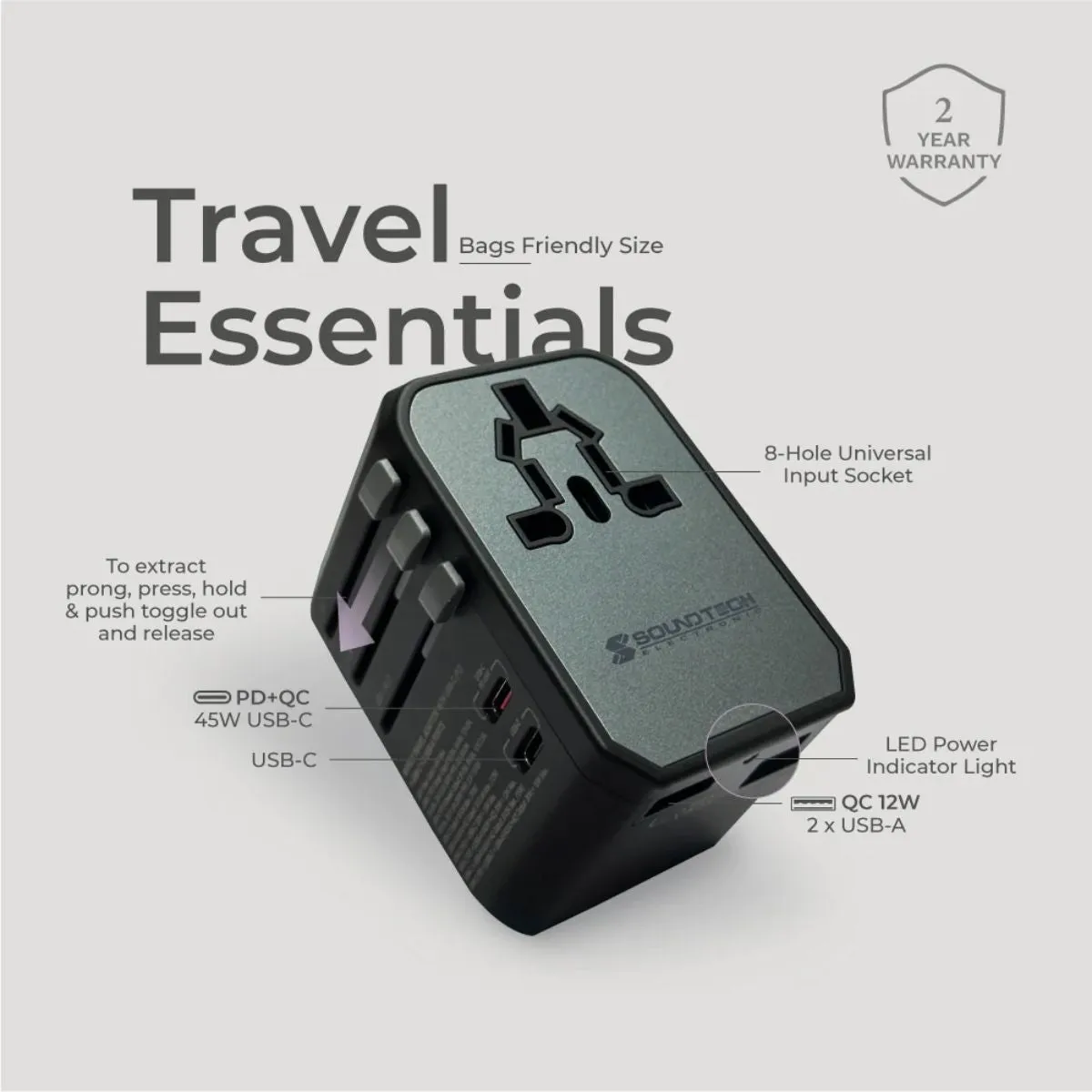 Travel Adaptor with Dual USB A C 45W Quick Charger