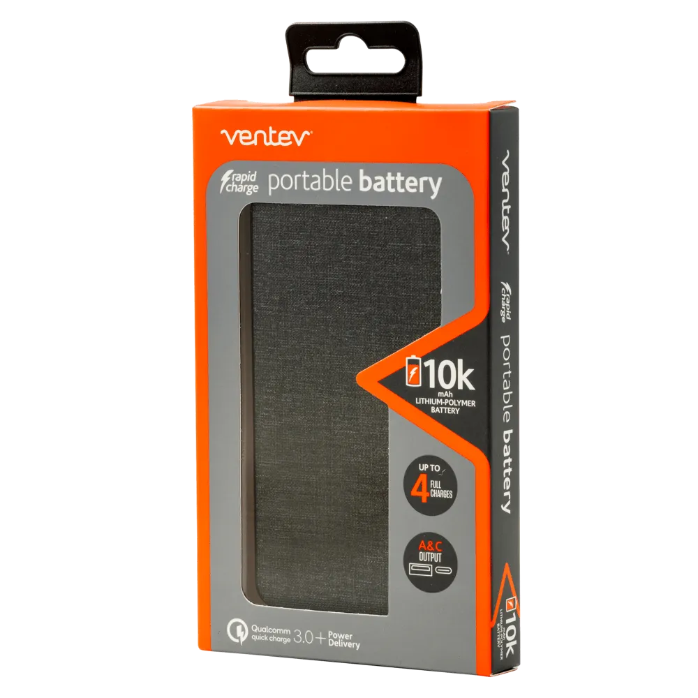 Ventev Portable Battery PD 10,000 mAh Gray by Ventev