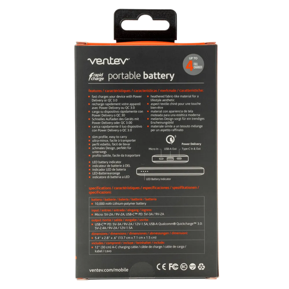 Ventev Portable Battery PD 10,000 mAh Gray by Ventev