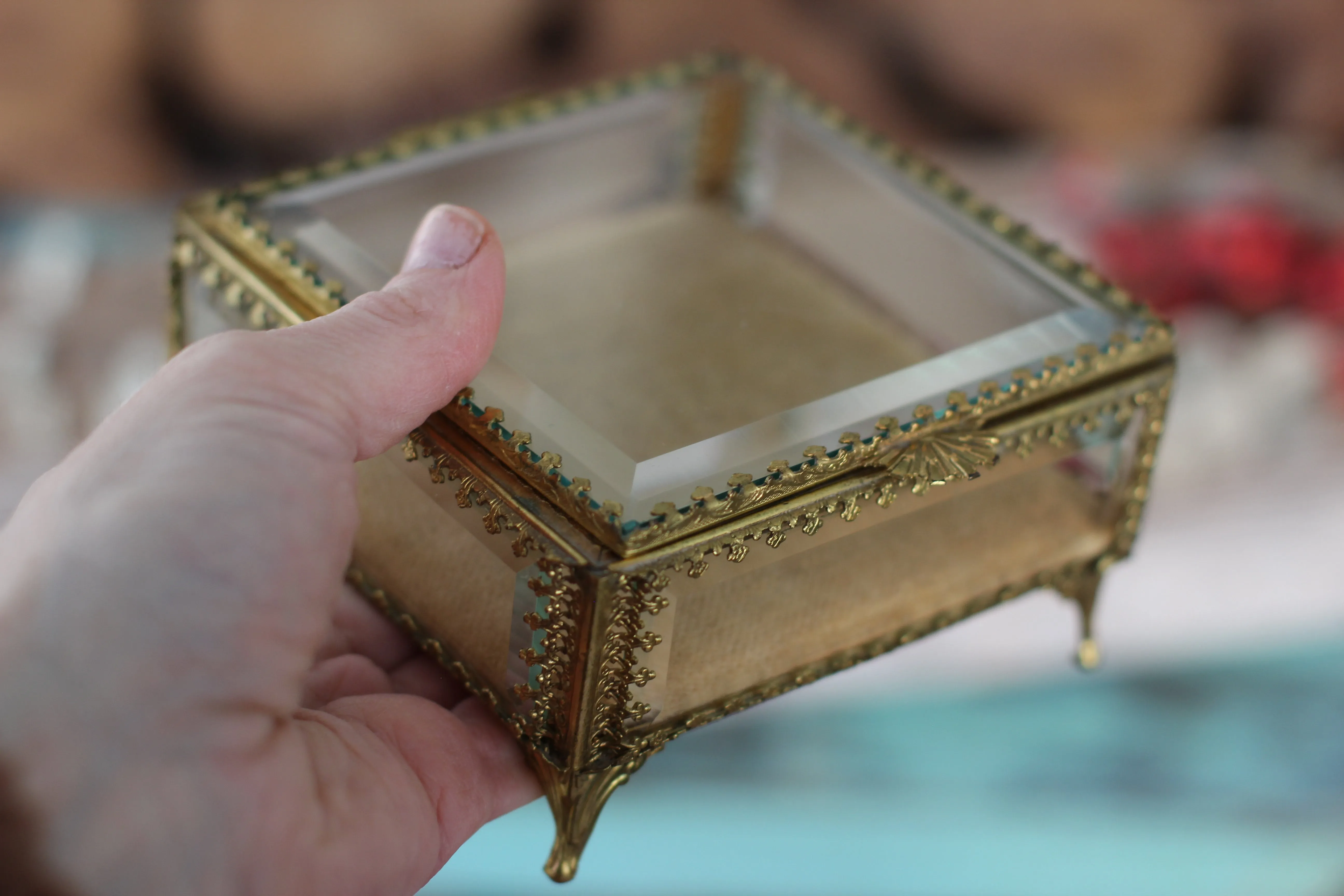 Vintage Ormolu Square Glass Jewelry Box