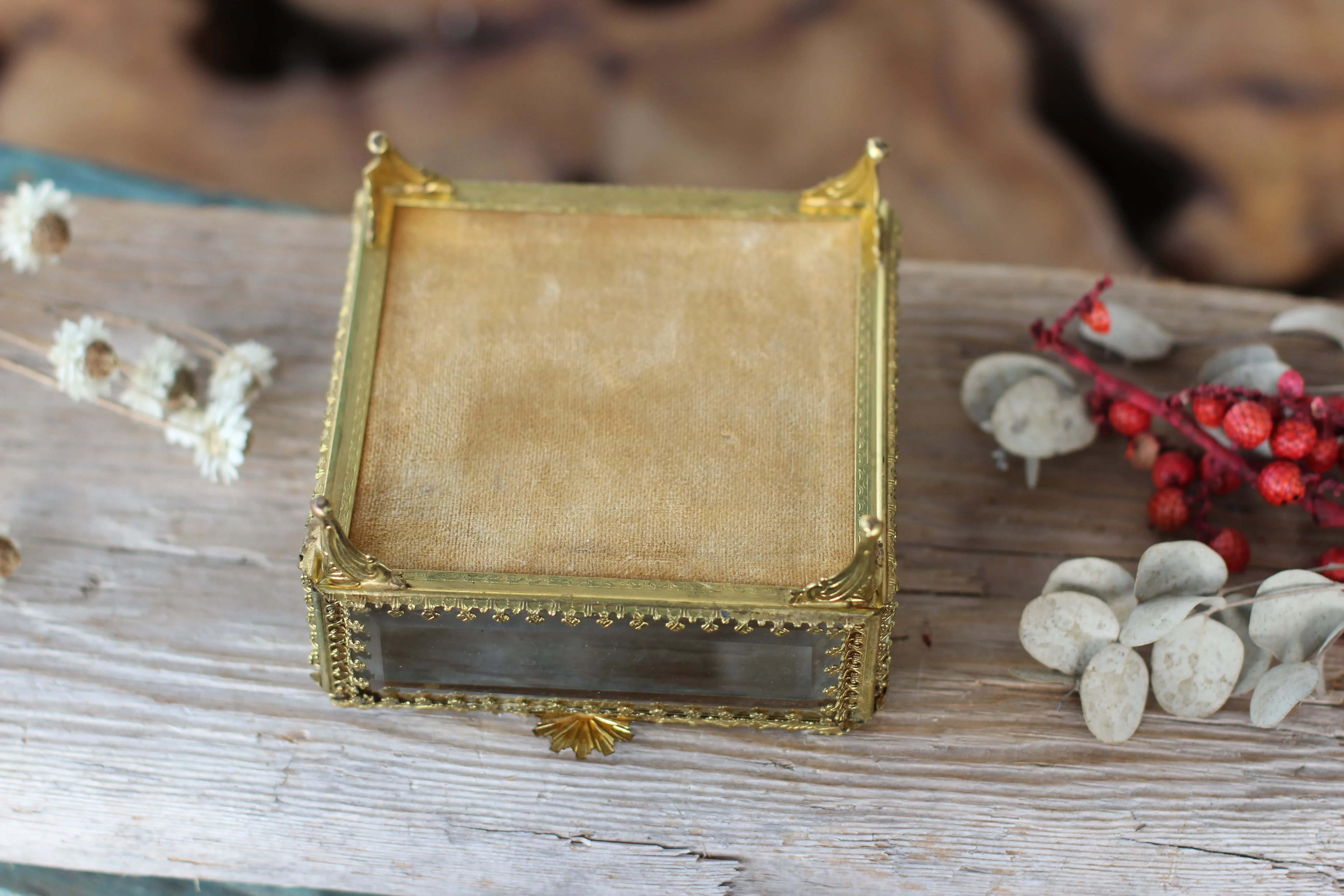 Vintage Ormolu Square Glass Jewelry Box