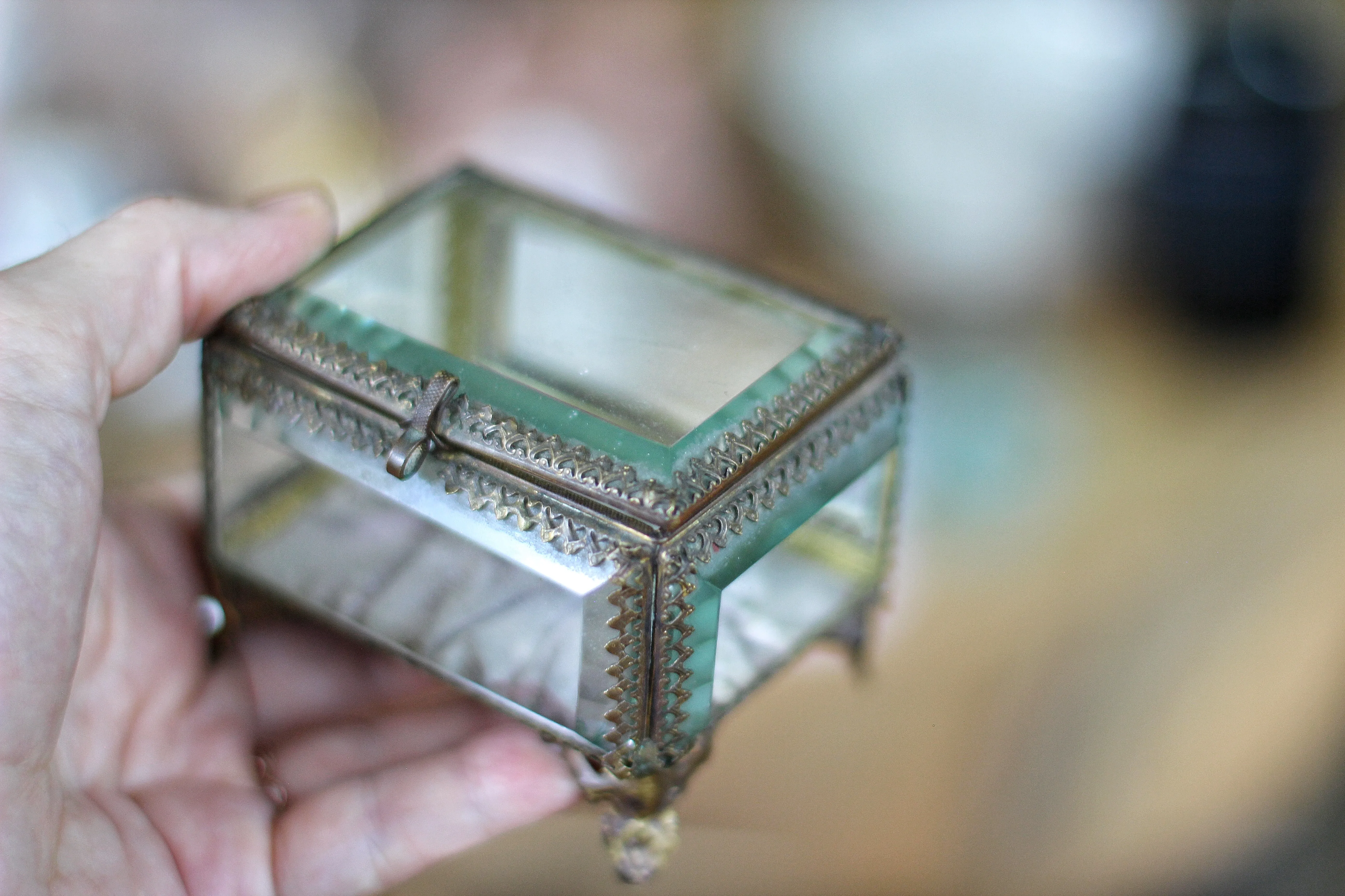 Vintage Small French Ormolu Beveled Glass Jewelry Box