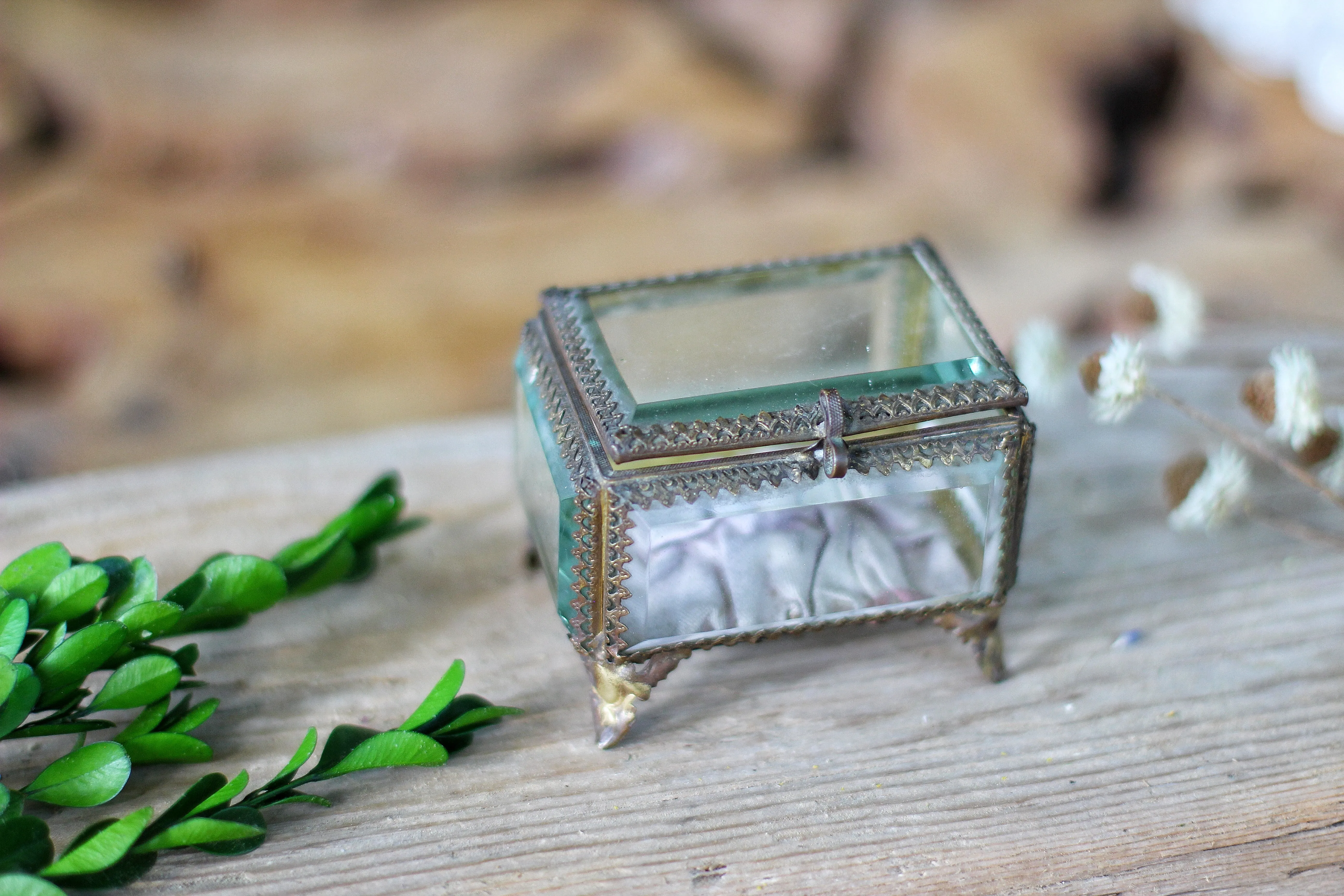 Vintage Small French Ormolu Beveled Glass Jewelry Box