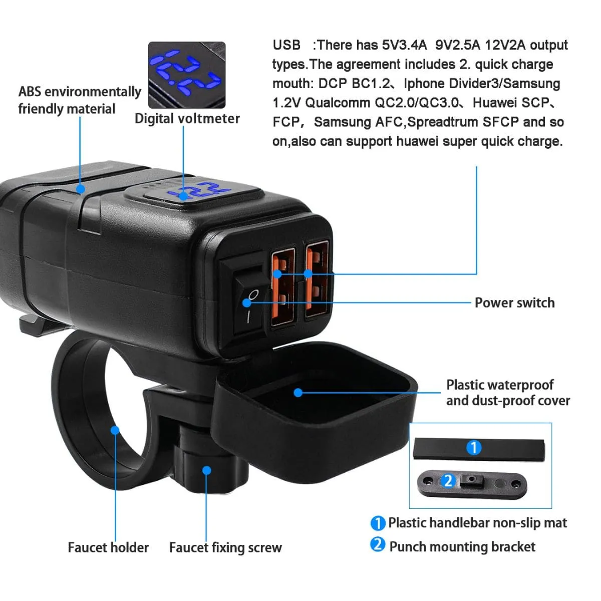 Waterproof Handlebar with QC3.0 Fast Motorbike USB Charger for Mobile Phones