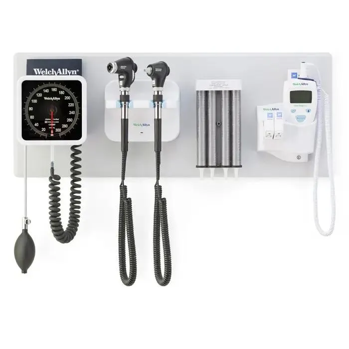 Welch Allyn Green Series 777 Integrated Wall System with PanOptic Basic LED Ophthalmoscope, MacroView Basic LED Otoscope, BP Aneroid, Ear Specula Dispenser, and SureTemp Plus Thermometer