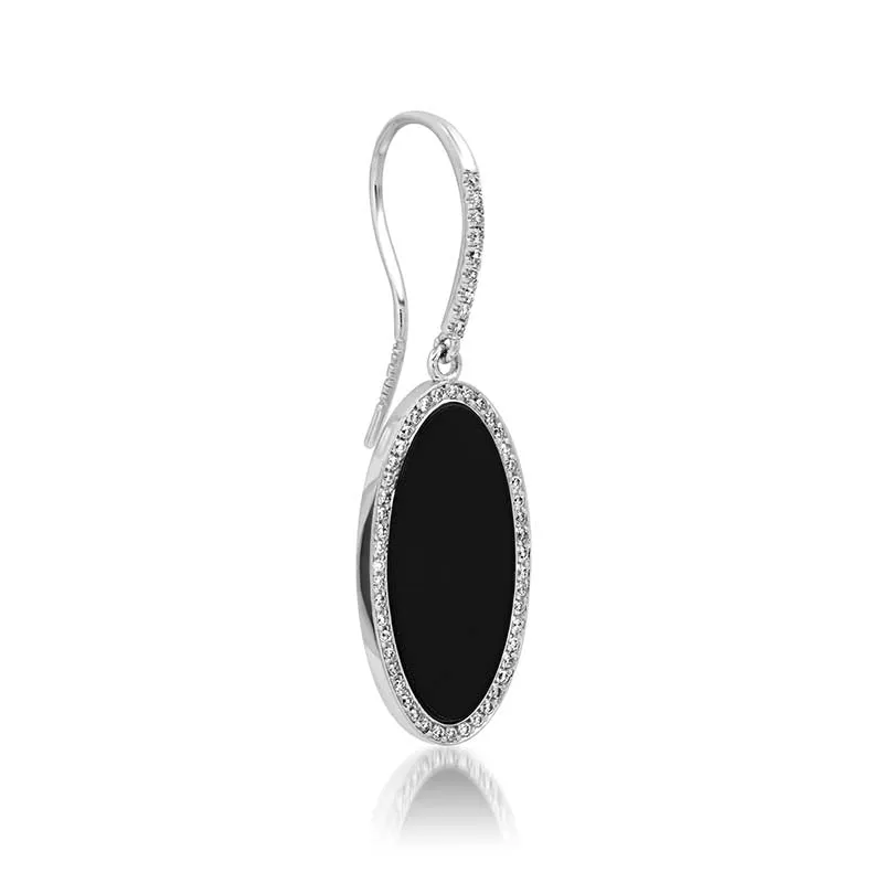 White Gold Onyx Inlay Oval Drop Earrings with Diamonds