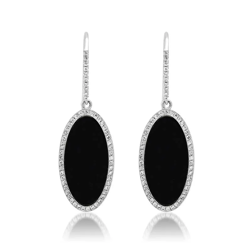 White Gold Onyx Inlay Oval Drop Earrings with Diamonds