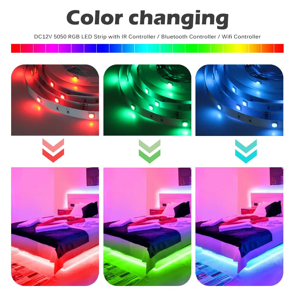 Wifi LED Strip 5050 RGB 5M/10M/15M/20M/30M DC12V Neon Tape Lamp   IR/Bluetooth/ Wifi Remote   Power Adapter for Home Decoration