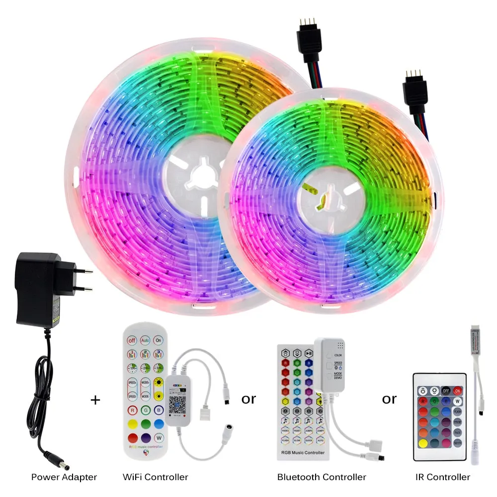 Wifi LED Strip 5050 RGB 5M/10M/15M/20M/30M DC12V Neon Tape Lamp   IR/Bluetooth/ Wifi Remote   Power Adapter for Home Decoration