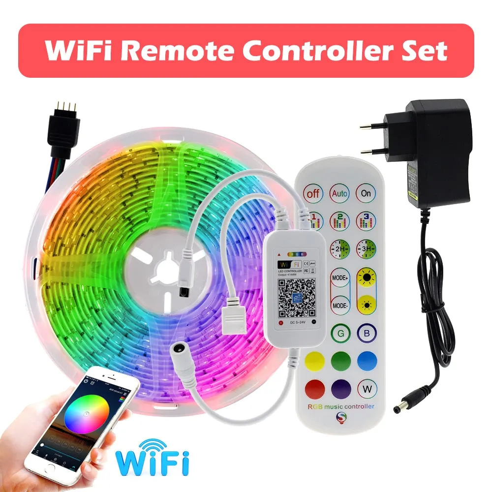 Wifi LED Strip 5050 RGB 5M/10M/15M/20M/30M DC12V Neon Tape Lamp   IR/Bluetooth/ Wifi Remote   Power Adapter for Home Decoration