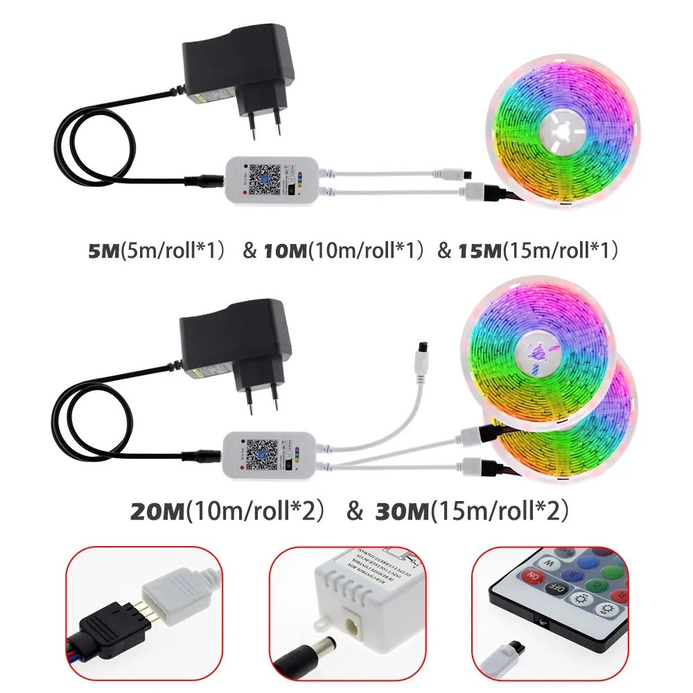 Wifi LED Strip 5050 RGB 5M/10M/15M/20M/30M DC12V Neon Tape Lamp   IR/Bluetooth/ Wifi Remote   Power Adapter for Home Decoration