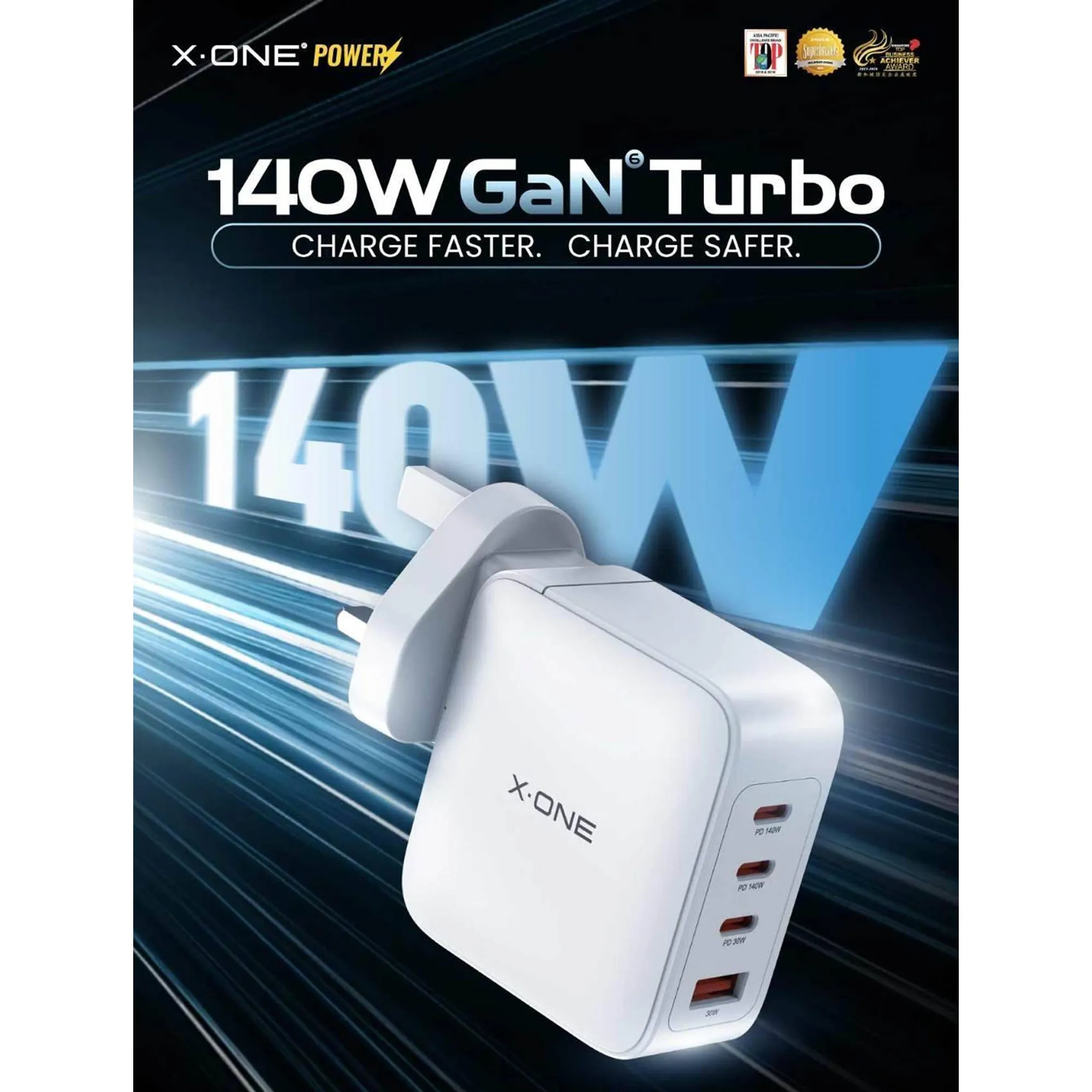 X.One 140W GaN 6 Turbo Ultra Fast Charger 4 Port ( 3 USB C , 1 USB A) PD 3.1 , QC 4.0  Adapter Wall Charger