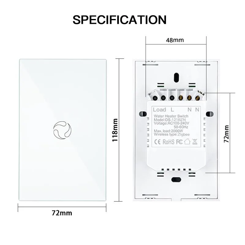 ZigBee Smart Boiler Touch Switch Water Heater Single Pole Neutral Wire Required US 20A/40A